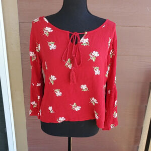 L.O.V. Women's Size Small Red Floral Gauze Bell Sleeve Top